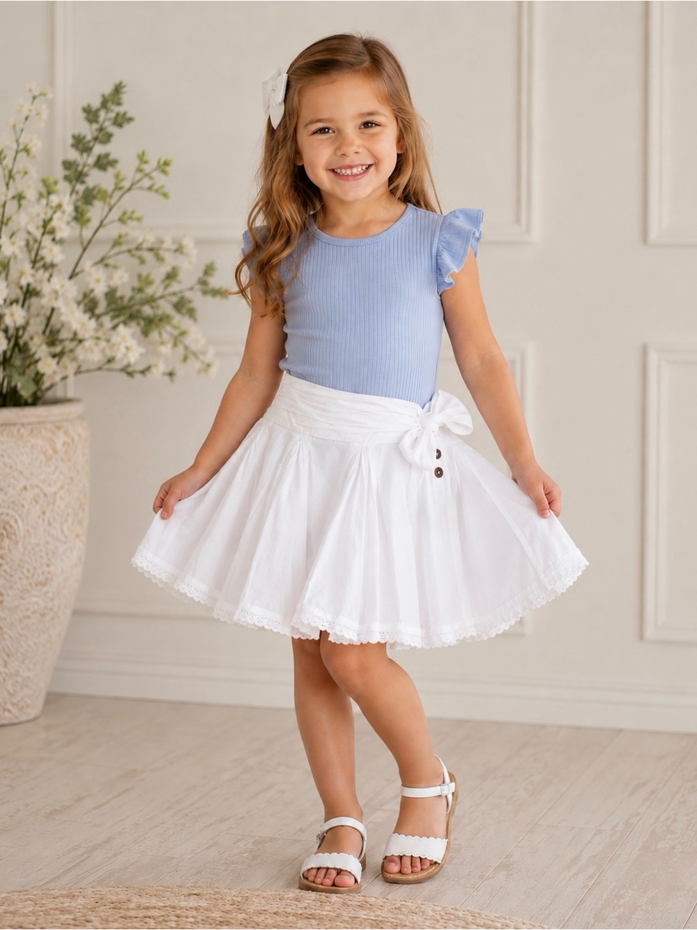 All Saints Spitalfields White Cotton Bow Skirt Lace Trim